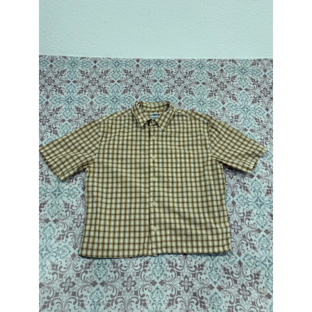 Old Navy Mens Plaid Short Sleeve Button Up Shirt Tan Brown Cotton Size M